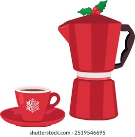 Italian christmas coffee vector illustration - coffee maker and espresso cup
