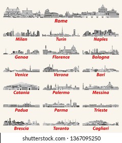 Italian cities skylines in black and white color palette. Vector high detailed illustrations