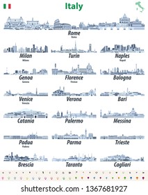 Italian cities skylines isolated high detailed icons in tints of blue color palette. Vector illustration