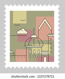 Italian cityscape on postmark or postcard. Landscape with buildings and ancient architecture, tower and dome of church. Postal mark or card mail correspondence. Vector in flat style illustration