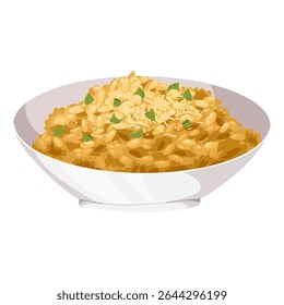 Rito clássico italiano com queijo Parmigiano Reggiano e chalota. Ilustração isolada desenhada à mão do vetor para restaurante, menu, embalagem, projetos de cozinha, adesivos, culinária