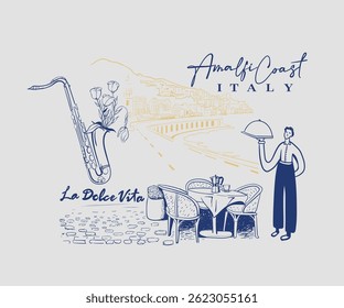 Italian coast restaurant vector art, Italian luxury dinner vector illustration, European holiday travel artwork, Vintage resort graphic print