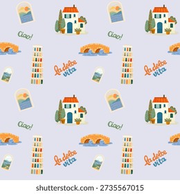 Italian coastal architecture seamless patterns with Pisa tower and villas