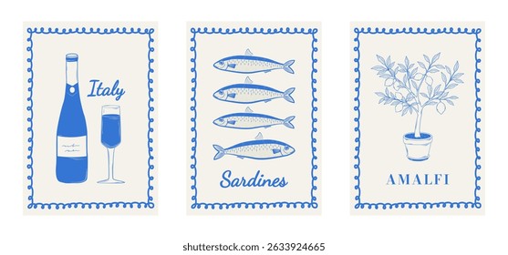 Cartazes de comida costeira italiana com sardinhas desenhadas à mão, vinho, limões. Inspirado pelo estilo de vida Amalfi e Dolce Vita. Ilustração vetorial
