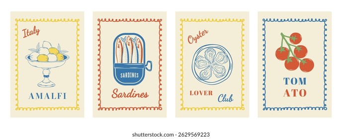 Cartazes de vetor alimentar costeiro italiano com tomates puxados à mão, sardinhas, ostras, limões. Inspirado pelo estilo de vida Amalfi e Dolce Vita. Perfeito para marcas de viagem e lembranças.