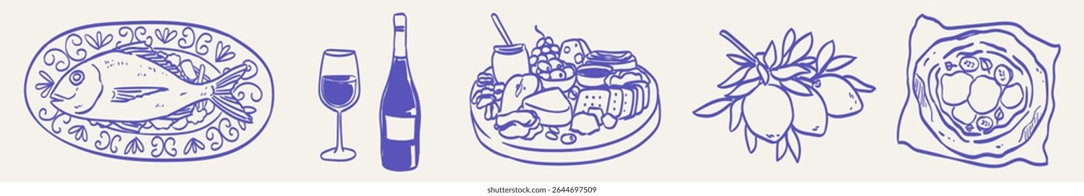 Italian coastal style table dishes with different snacks perfect for wine and beverage. Wedding drawing with food and wine in dolce vita sketch style. Vector illustration for kitchen wall art and menu