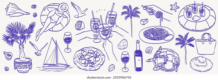 Italian coastal summer vacation doodle style illustration set. Vector ink hand drawn Italy coast sea or beach elements. Sea weekend dinner collection for invitations to beach party, picnic, wedding.