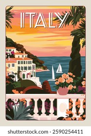 Italian Coastal Villa Sunset - Travel Poster vector illustration