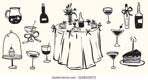 Italian cocktail party with drinks and sweets wedding vacation event. Hand drawn vector illustrations for menu, invitation paper, save the date. 