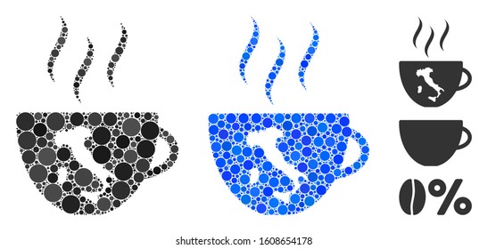 Italian coffee cup composition of circle elements in variable sizes and color tints, based on italian coffee cup icon. Vector circle elements are united into blue composition.