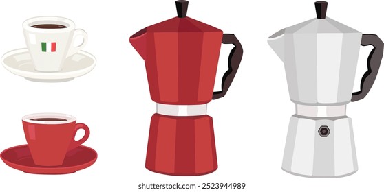 Italian coffee espresso maker, cafetiere and cup - isolated vector illustration 