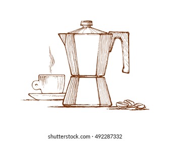 Italian coffee, Hot morning coffee, an illustration of the hand, vector sketch