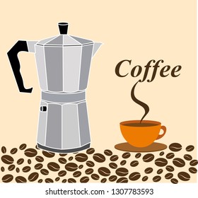 Italian coffee maker, espresso machine. coffee bean, coffee cup vector. eps 8