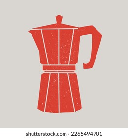 cafetera italiana, cafetera expreso, mocha express.  La silueta de una olla de moka roja se dibuja con efecto de sello. Elemento de diseño para tienda, mercado, embalaje, etiquetas. Ilustración vectorial dibujada a mano.