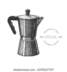 Italian Coffee Maker Illustration. Vector Hand Drawn Isolated Geyser Coffee Machine. Vintage Style Moka Pot