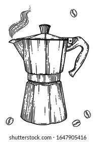 Italian coffee maker or moka pot, espresso machine, mocha express. Hand drawn vector illustration in vintage engraved style, black isolated over white.