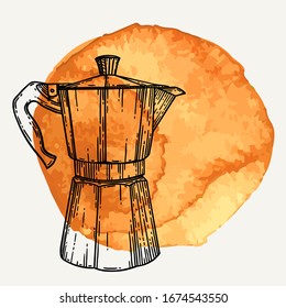 Italian coffee maker or moka pot, espresso machine, mocha express. Hand drawn vector illustration in vintage engraved style over brown watercolor circle.