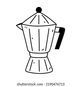 Italian coffee maker or moka pot isolated on white background. Vector hand-drawn illustration in doodle style. Perfect for cards, menu, logo, decorations, various designs.