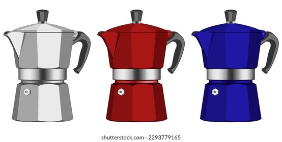 cafetera italiana o set de moka, cafetera expreso, mocha. Ilustración vectorial colorida dibujada a mano, aislada sobre blanco.