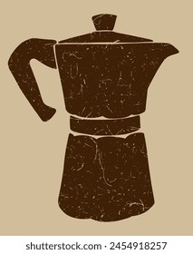 Italian coffee maker or moka pot, espresso machine, mocha express. Hand drawn vector silhouette illustration in vintage textured style, isolated over beige.