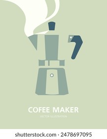 Cafetera italiana. Una olla Moka, para expreso. Vista lateral. Afiche de Vertical minimalista. Ilustración plana de Vector