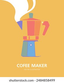 Italian coffee maker. A Moka pot, for espresso. Side view. Multicolored vertical poster. Vector flat illustration