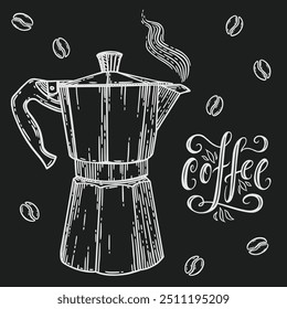 Cafetera italiana o moka pot, mocha express. Ilustración vectorial dibujada a mano en estilo vintage grabado, blanco sobre negro.