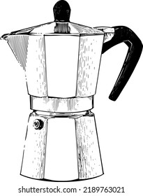 Italian coffee maker o moka pot . Series of objects for making coffee. Black and white vector illustration isolated on white background.