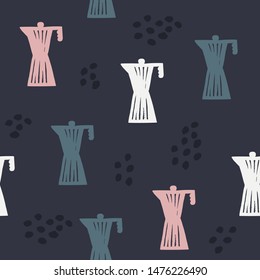 Italian coffee pot seamless pattern. Hand drawn stovetop machine coffee maker. Flat moka pot vector illustration