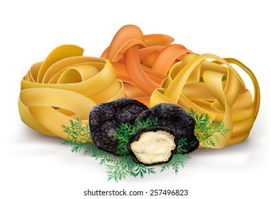 italian colorful pasta tagliatelle and black truffle. vector illustration