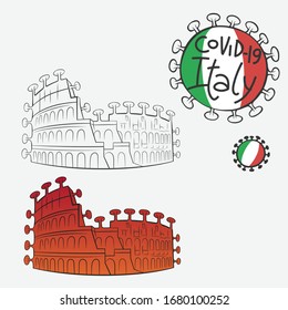 Italian colosseum covered with bacteria coronavirus Covid-19 vector illustration, Italian flag