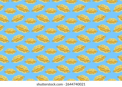 Italiano conchiglie macarrão colorido padrão doodle no fundo azul. Conchiglie macarrão sem emenda padrão de fundo. Conchiglie isolado papel de parede motivo. Comida, restaurante, gourmet. Ilustração vetorial