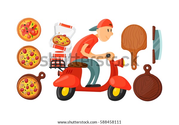 Italian cook\
pizza delivery boy vector\
illustration.