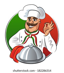 Italian cook showing okay sign with silver plate tray. Vector illustration isolated on a white background