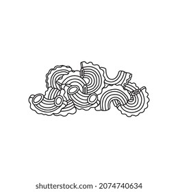 Italian Creste di gallo pasta pile, hand drawn black line vector illustration isolated on white background. Pasta cornetti or creste macaroni for Italian cuisine menu.