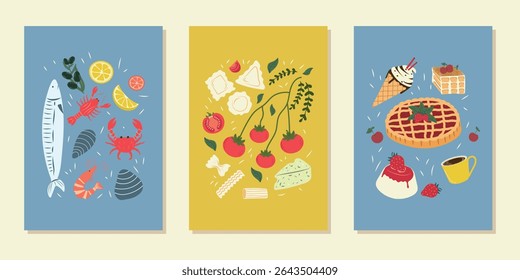Italian cuisine. Abstract food posters, hand-drawn. Trendy prints featuring seafood, pasta, tomatoes and desserts. Vector design for wall decor, restaurant menus, and more.