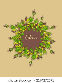 Italian cuisine background frame of olives, olive oil, olive tree branches, baguettes, herbs, tomatoes and cheese. Healthy food concept, vector, hand drawing, copy space