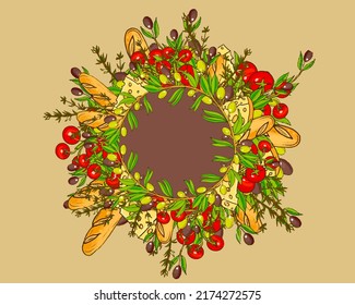 Italian cuisine background frame of olives, olive oil, olive tree branches, baguettes, herbs, tomatoes and cheese. Healthy food concept, vector, hand drawing, copy space
