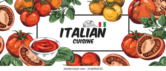 Pancarta de cocina italiana o diseño de volante con tomates dibujados a mano, ilustración vectorial de estilo grabado sobre fondo blanco. Menú de restaurante italiano o afiche promocional.