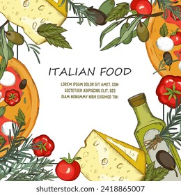 Plantilla de marco de banner de cocina italiana. Banner de menú italiano o diseño de etiqueta de comida, dibujo a mano estilo de boceto ilustrado vectorial sobre fondo blanco.