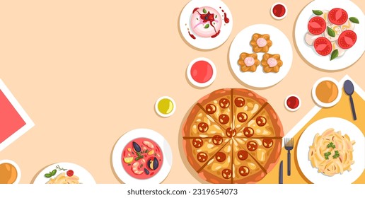 Pancarta de cocina italiana. Productos mediterráneos de comida natural, aceite de oliva, pizza, diseño de etiquetas de comida italiana para el restaurante de cocina tradicional. Fondo vectorial con el ingrediente de la ilustración alimentaria italiana