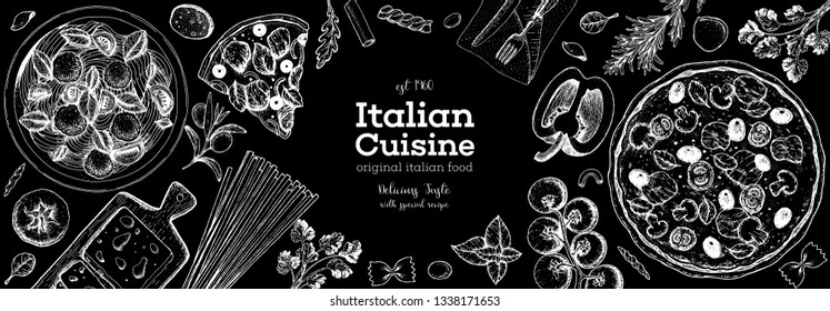 Italian cuisine banner. A set of Italian dishes with pasta and pizza. Food menu design template. Vintage hand drawn sketch vector illustration. Engraved image