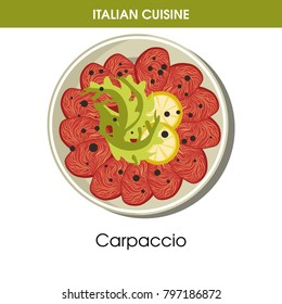 Italian cuisine Carpaccio meat or fish appetizer vector icon for restaurant menu or cooking recipe template