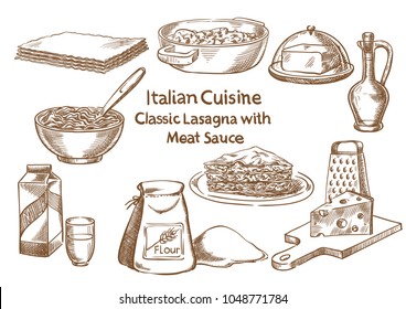 Italian cuisine. Classic lasagna with meat sause ingredients vector sketch.