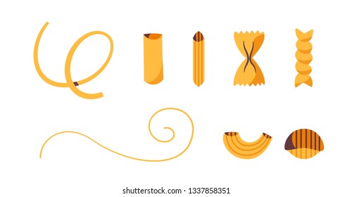 Italian cuisine. Collection of delicious pasta. Cartoon vector illustration. Spaghetti, macaroni, tagliatelle, fettuccine, penne