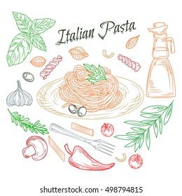 Italian cuisine. Collection of pasta and vegetables.