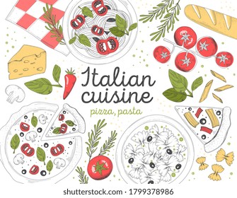 Italian Cuisine concept with pasta and pizza, assorted ingredients and baguette, colored vector illustration