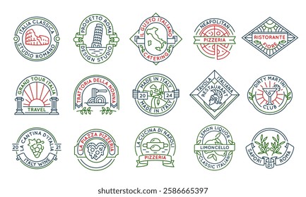 Italian cuisine and culture logos, labels, icons. A set of 15 italian logotypes. Wine, pizza, olive. For branding restaurants, travel agencies, wine bars, Italian food products. Vector illustration