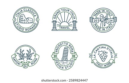 Italian cuisine and culture logos, labels, icons. A set of 6 italian logotypes. Wine, pizza, olive. For branding restaurants, travel agencies, wine bars, Italian food products. Vector illustration