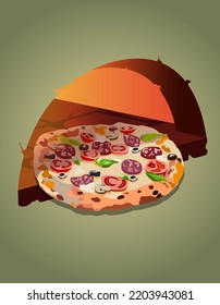 Italian Cuisine. Delicious cheesy pizza with pepperoni, mushrooms, tomatoes and olives cooked in a wood-fired oven. Vector illustration 